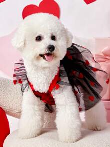 PETSIN 1pc Universal Pet Valentine's Day Black Cap Sleeve Harness Dress With Red Heart Flocked Mesh Charming And Cute Dog Dress - Multicolor - View 5