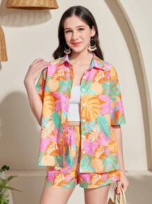 SHEIN Leap Crew 2pcs/Set Teen Girl Tropical Print Loose Shirt & Shorts Set, Spring/Summer, Vacation Style - Multicolor - View 6