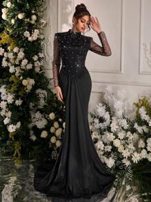 Glamrae 优雅黑色亮片刺绣手工钻立领长袖透视腰部珠链流苏装饰褶皱鱼尾拖尾婚礼宾客礼服，适合情人节宴会晚礼服、正式礼服、晚礼服、长袍 - 黑色 - 查看 7