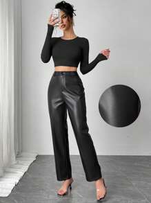 Chiquease 早春休闲修身直筒微喇叭女裤，复古高端仿皮长裤，百搭简约黑色长裤，适合日常穿着 - 黑色 - 查看 1