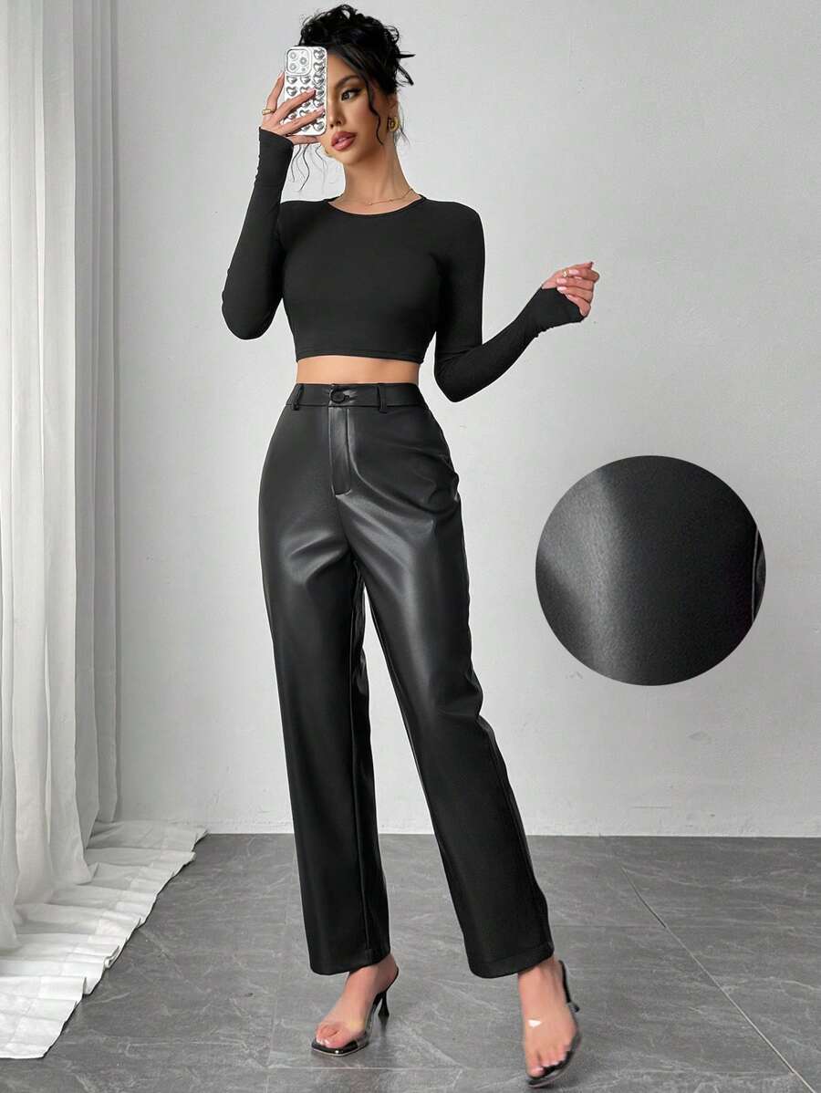 Chiquease 早春休闲修身直筒微喇叭女裤，复古高端仿皮长裤，百搭简约黑色长裤，适合日常穿着 - 黑色 - 查看 1
