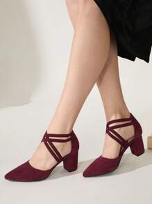 CUCCOO CHICEST Burgundy Faux Suede Elastic Ankle Strap Pointed Toe Chunky High Heel Pumps, Fashion Dress Shoes For Commuting, Dating, Party, Wedding, Holiday Spring Shoes Spring Break Easter Prom Heels