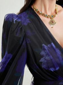 Modelyn Women Elegant Floral Print Mesh Mid-Length Dress - Multicolor - View 3