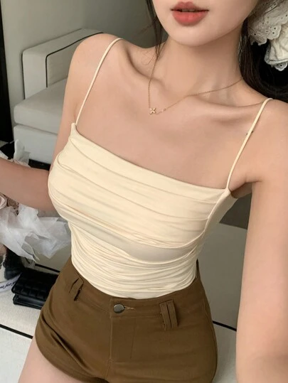 DAZY 女式纯色褶饰吊带背心，休闲性感夏季吊带背心