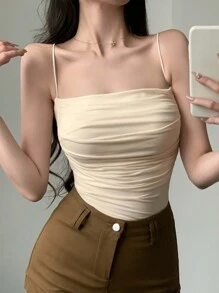 DAZY 女式纯色褶饰吊带背心，休闲性感夏季吊带背心 - 杏色 - 查看 7