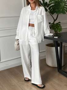 Livesso Conjunto informal de 2 piezas de estilo vintage para el verano, camisa de manga larga de corte holgado y pantalones de pierna ancha para mujer, conjunto de ropa de estar en casa para otoño para mujeres - Blanco - Ver 5