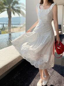 DAZY 女式荷叶边领刺绣中长连衣裙太阳裙