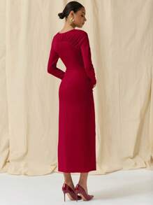 COSMINA Women's Solid Color Round Neck Long Sleeve Pleated Elegant Dress - Red - View 2