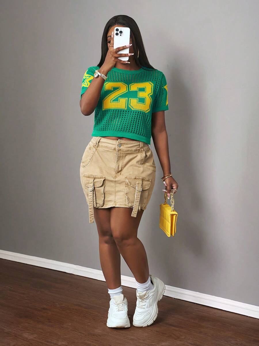 Slaydiva New Spring And Summer Casual Street Sports Style Round Neck Short-Sleeved Yellow Star Pattern 23 Slogan Logo Crocheted Dark Green Women's Sweater-B - Dark Green - View 1