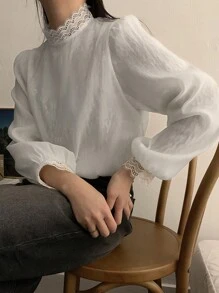 DAZY 女士双层蕾丝优雅精致衬衫，秋装 - 白色 - 查看 2
