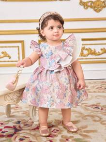 SHEIN فستان أذرع بلا أكمام لطفلة مزين بطبعات زهرية رقيقة وكشكشة، صيفي - متعدد الألوان - مشاهدة 5