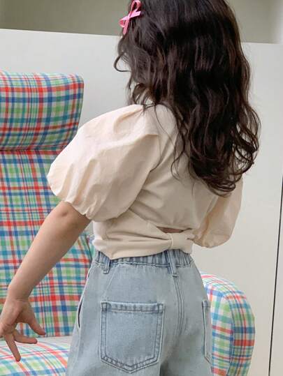 Hapijoa 女童纯色圆领短泡泡袖休闲T恤，夏季