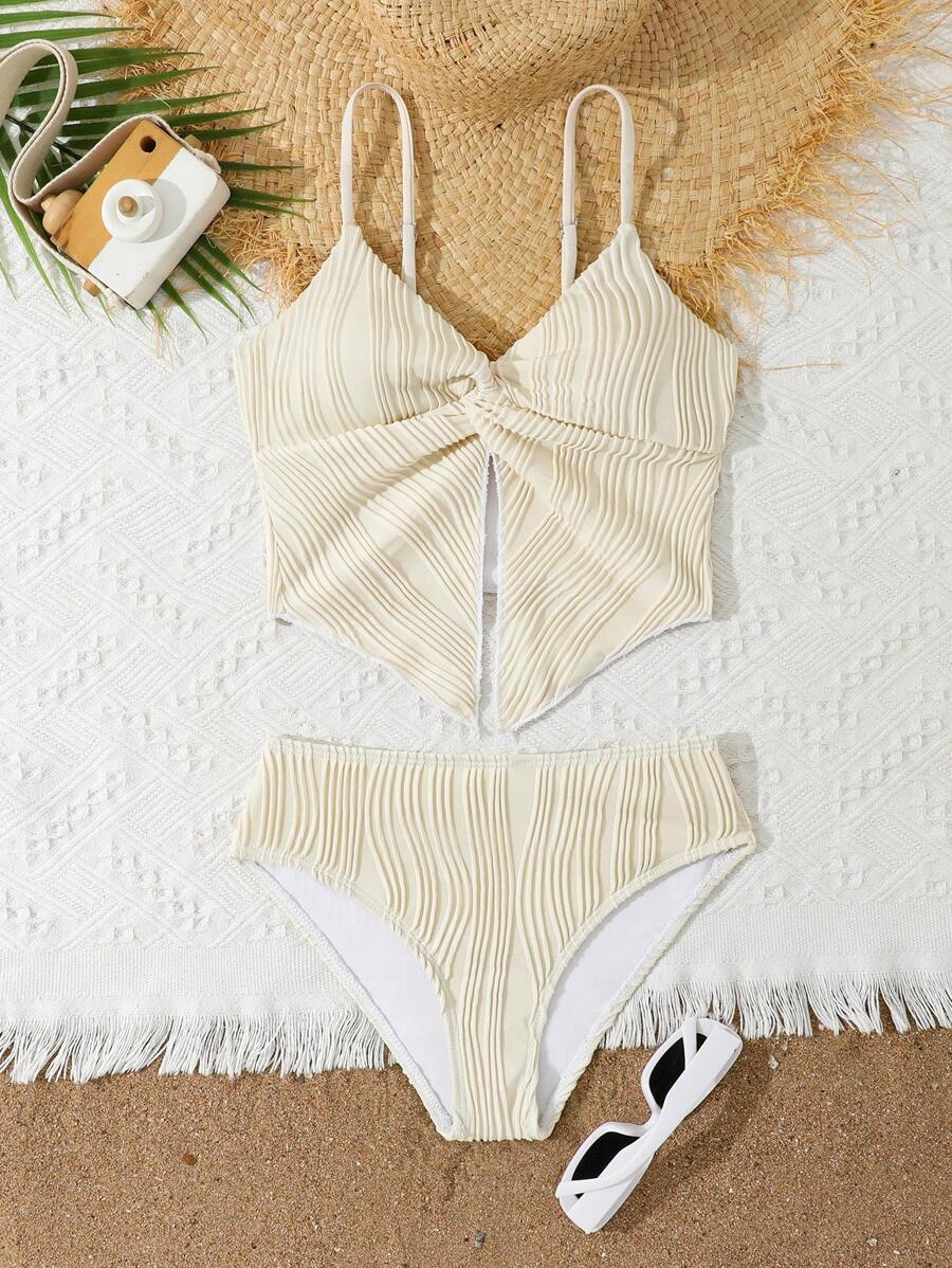 Tween Girls Apricot Textured Twist Tankini Swimsuit Set, Suitable For Vacation, Seaside, Beach, Swimming - Beige - View 1