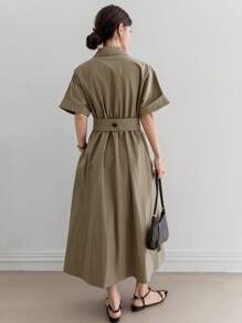 Dazy-Less Đầm suông màu trơn bó eo đơn giản cổ chữ V phong cách công sở, dài đến bắp chân cho nữ, váy suông - xanh quân đội - Xem 5