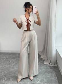 Chiquease 女士优雅系带前蝴蝶结 V 领上衣和直筒裤 2 件套，适合通勤和休闲穿着