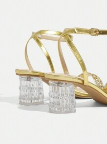 CUCCOO TILAWA Sandalias de tacón alto con cristales y rhinestones de cristal, adecuadas para salir, fiestas y eventos, zapatos de verano para mujer - Dorado - Ver 4