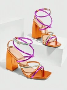 CUCCOO SZL Fashionable Colorful Strap Ankle Strap Square Toe Chunky High Heel Sandals, Suitable For Commuting, Dating, Party, And Other Occasions - Multicolor - View 3