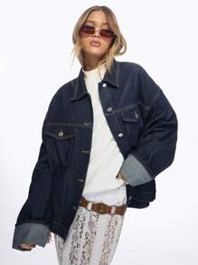 MISSGUIDED 设计师款超大号卡车司机牛仔夹克，翻边袖口，经典复古风格，纽扣前襟，适合秋冬分层穿着，街头时尚必备