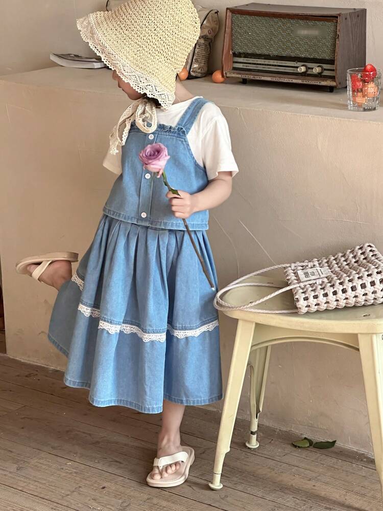 Young Girl Solid Color Patchwork Wide Strap Button Decor Minimalist Top And Denim Skirt Matching Set,Girls Summer Outfits