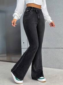 SHEIN EZwear 女式前扣口袋设计休闲喇叭牛仔裤 - 黑色 - 查看 1