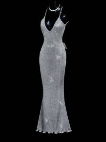 SHEIN ICON Sparkling Silver Crystal Diamond Dress For Women: Mermaid Style Formal Evening Gown,Prom Dress