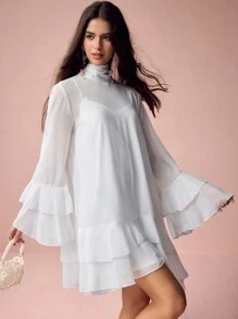 Enchnt Đầm xòe tay loe cổ cao màu trơn thanh lịch cho nữ - trắng - Xem 4