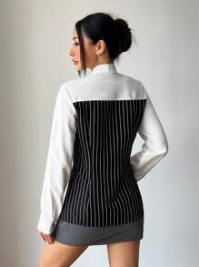 SHEIN Unity 全新 拼接单排扣长袖蝴蝶结领优雅女士办公衬衫 - 黑與白 - 查看 2