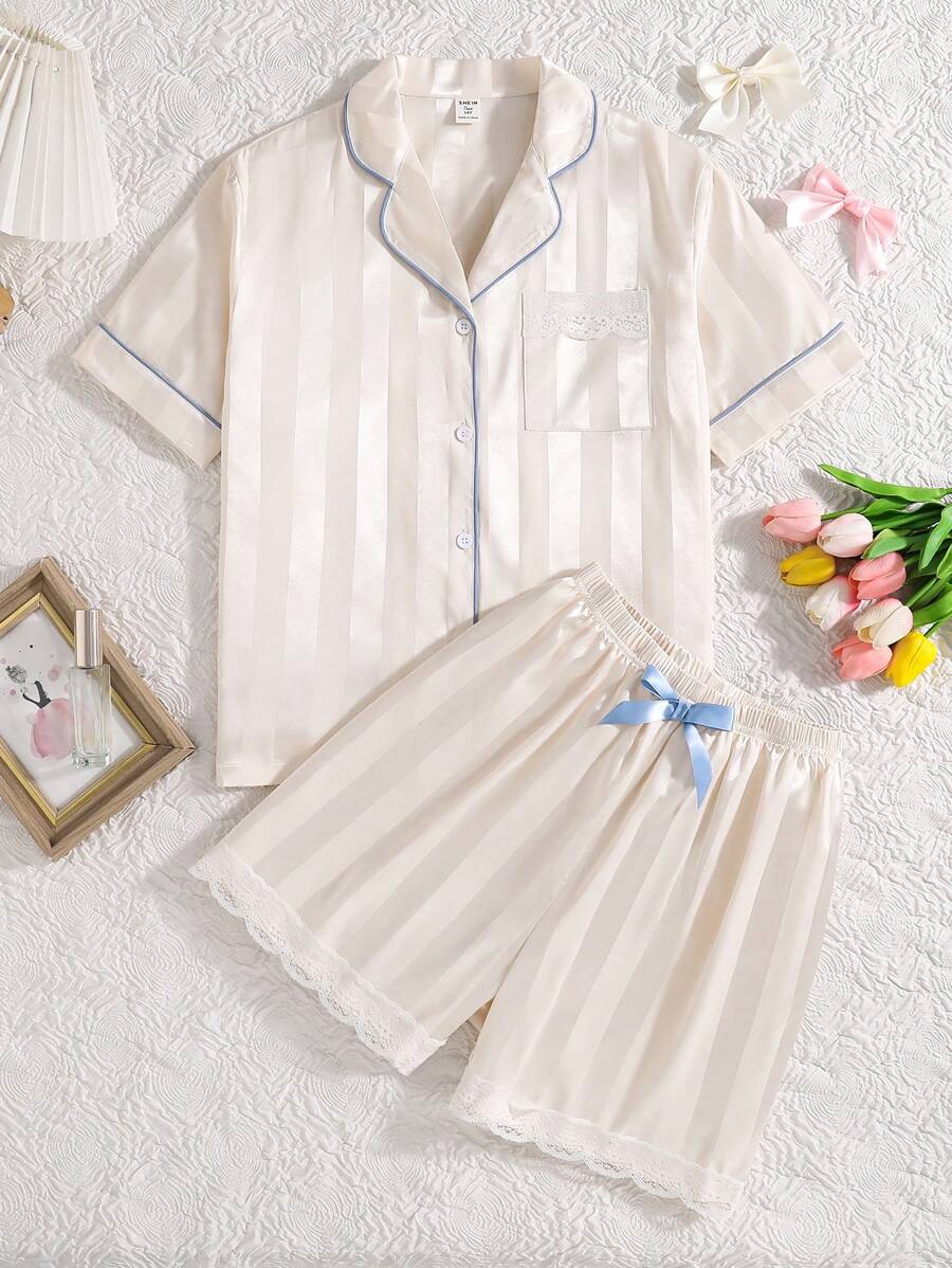 2 件青少年女孩休闲条纹提花短袖上衣和短裤家居服套装 - 香檳色 - 查看 1