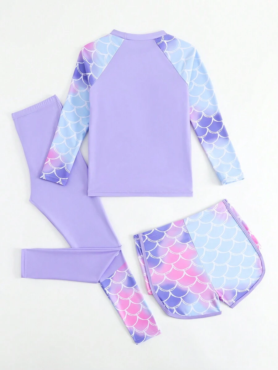 Conjunto de traje de baño con estampado de escamas de pez para niña preadolescente en vacaciones a la playa - Multicolor - Ver 1