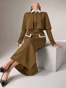 Heiryn 女士两件套棕色裙装套装，含斗篷西装外套和中长铅笔裙，适合办公室穿着 - 駝色 - 查看 6