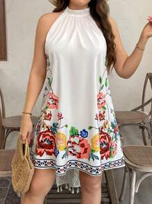 SHEIN Clasi Robe d'été décontractée avec imprimé floral et col ras-du-cou, grande taille