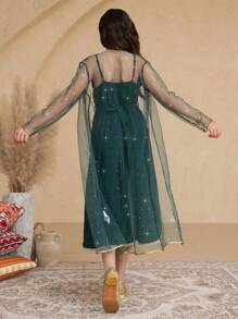 2pcs/Set Tween Girls Mesh Jacket & Spaghetti Strap Dress Set - Dark Green - View 2