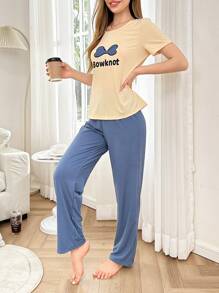 Women Bow & Letter Print Pajama Set Bowknot