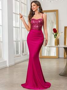 SHEIN Belle 亮片拼接吊带露背高腰褶皱裹臀裙舞会礼服毕业礼服女士礼服，婚礼宾客礼服，美人鱼长款舞会礼服，节日礼服，鸡尾酒会礼服，适合女士派对，舞会，正式场合，晚会 - 玫紅色 - 查看 5