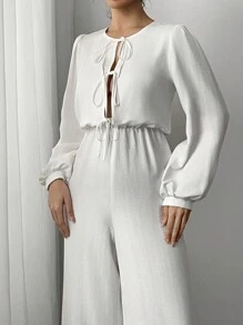 SHEIN Privé Women's Elegant Vacation Casual Fashion Front Tie High Waist Long Sleeve White Jumpsuit, Autumn