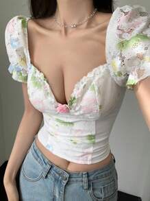 DAZY See-Through Mesh Lace Ditsy Floral Print Sexy Slim Fit Stitching Ladies Spring/Summer Top - White - View 4