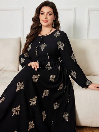 Lacomfia 休闲刺绣圆领长袖 A 字大码连衣裙，春秋装