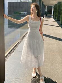 DAZY 女式荷叶边领刺绣中长连衣裙太阳裙