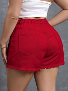 SHEIN Essnce Plus Size Denim Shorts, Casual & Fashionable For Everyday Wear - Red - View 2