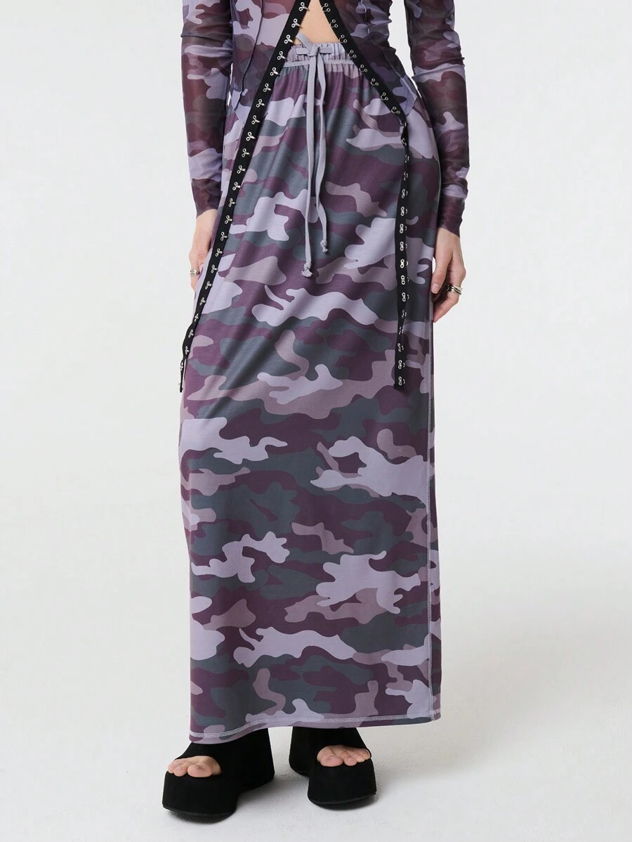 SHEIN Unity Gonna mini casual da donna con stampa mimetica e allacciatura anteriore, per uso quotidiano - Multicolore - Visualizzare 1