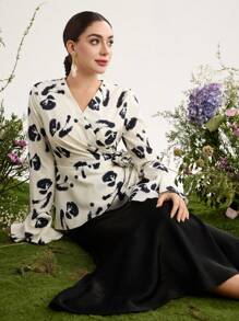 Modelyn Women Watercolor Floral Pattern Ruffle Sleeve Top And Satin Mermaid Skirt Elegant Romantic 2 Pieces Set - Black and White - View 3