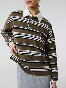 SHEIN Unity 撞色POLO领针织条纹落肩宽松T恤 - 綠色 - 查看 4