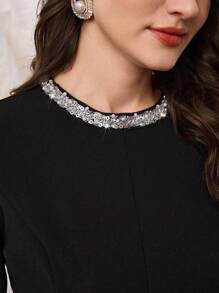 Modelyn 女式亮片装饰圆领收腰 A 字型复古法式连衣裙 - 黑色 - 查看 7