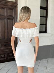 Chiquease Einfarbiges gestricktes Off-Shoulder, taillenausgeschnittenes körperbetontes Minikleid, Sommer - Weiss - Übersicht 2