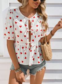 SHEIN LUNE 女士心形印花系带衬衫 - 彩色 - 查看 3