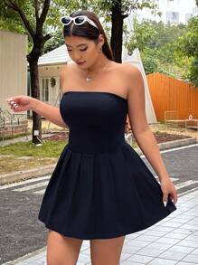 SHEIN EZwear 春夏简约纯色褶皱宽松 A 字形蓝色大码中长连衣裙 - 藏蓝色 - 查看 4