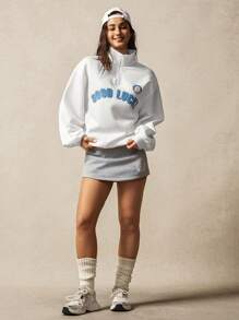 VARSITIE 长袖健身上衣 白色立领长袖宽松休闲字母印花拉链羊毛连帽衫 - 白色 - 查看 1