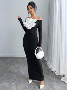 Modelyn Robe fourreau élégante avec épaules dénudées et ornements floraux pour femme