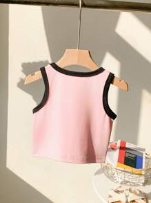 女婴婴儿和幼儿（0-3 岁）休闲百搭时尚黑色和粉色撞色蝴蝶结装饰无袖上衣，适合室内和室外穿着 - 粉色 - 查看 3