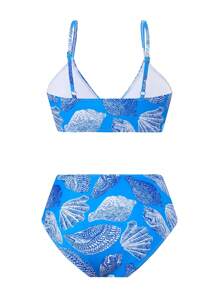 SHEIN Swim Curve Summer Plus Size 3Pcs Women's Adjustable Strap Bikini Set, Random Printed Cover Up, Ocean Shell Metal Accent, Casual Beach Holiday